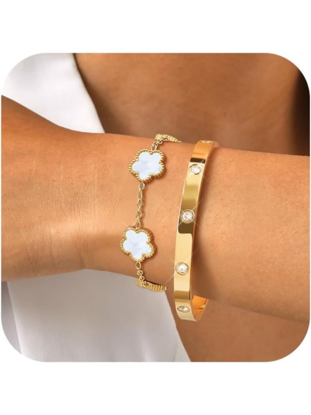 Womens White Stackable Gold Bracelets Jewelry, 18K Gold Plated Floral Bracelet